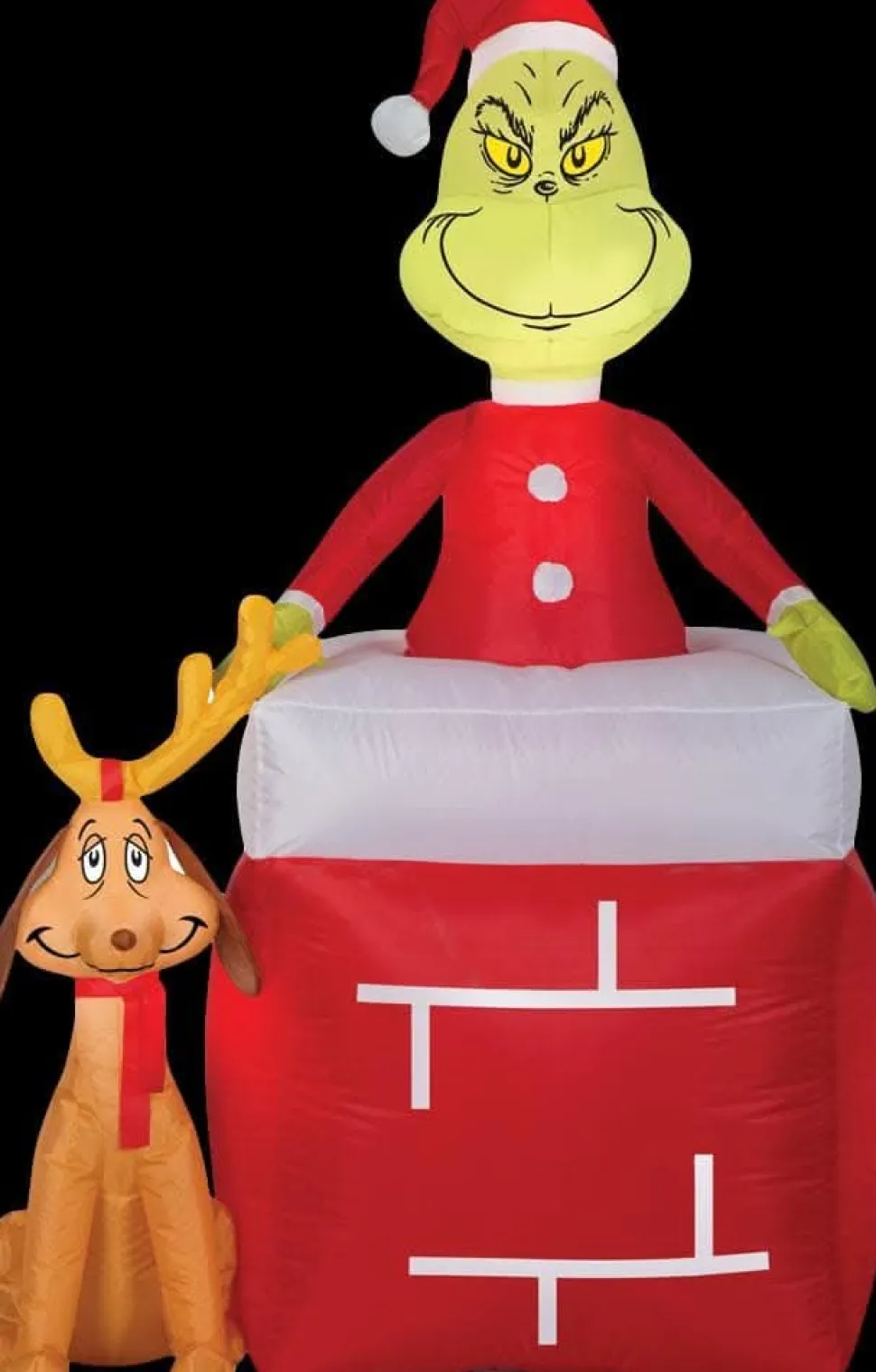 Airblown Grinch Out Of Chimney With Max Medume Inflatable Scene - Dr. Seuss