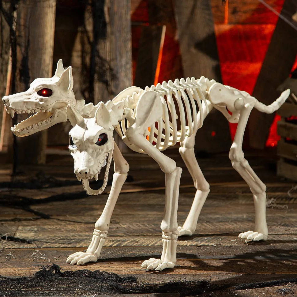Animated Two-Headed Doberman Dog Skeleton Halloween Decoration