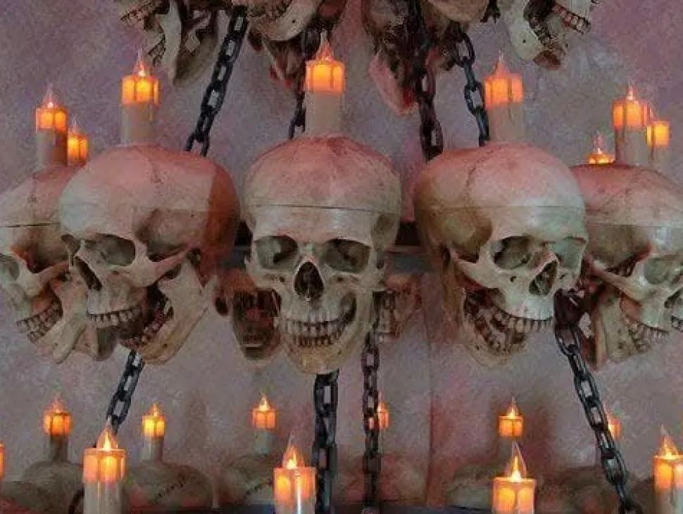 Five-Tiered Life-Size Skull Chandelier with 60 Skulls Haunted House Lighting