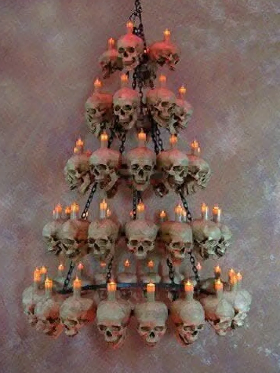 Five-Tiered Life-Size Skull Chandelier with 60 Skulls Haunted House Lighting