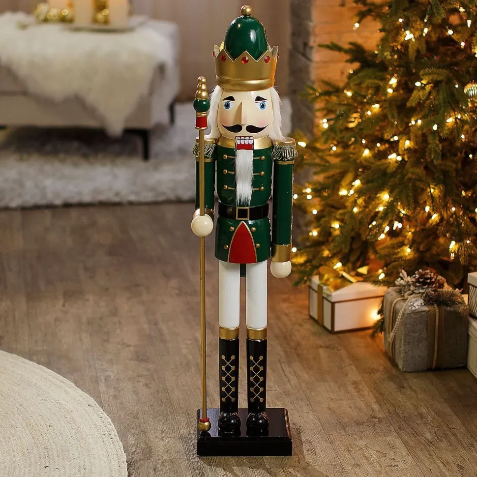 3 Ft. Large Classic Green Wood Holiday Nutcracker with Scepter