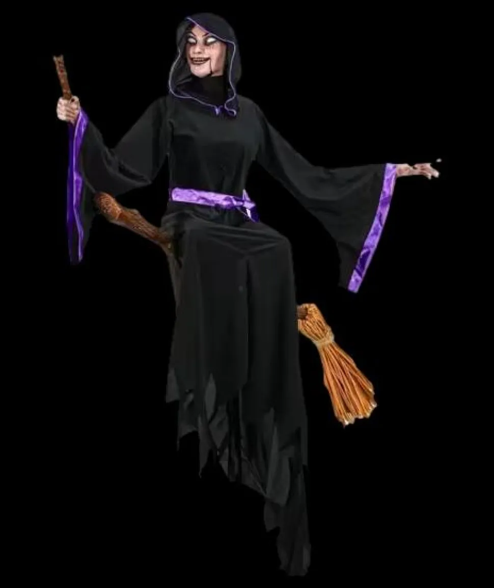 Light-Up Hovering Witch with Broom & Wand Halloween Animatronic Decoration