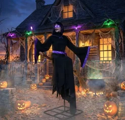 Light-Up Hovering Witch with Broom & Wand Halloween Animatronic Decoration