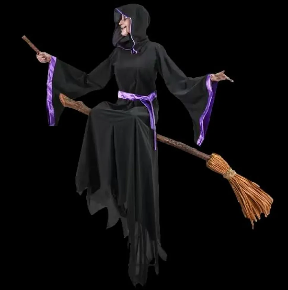 Light-Up Hovering Witch with Broom & Wand Halloween Animatronic Decoration
