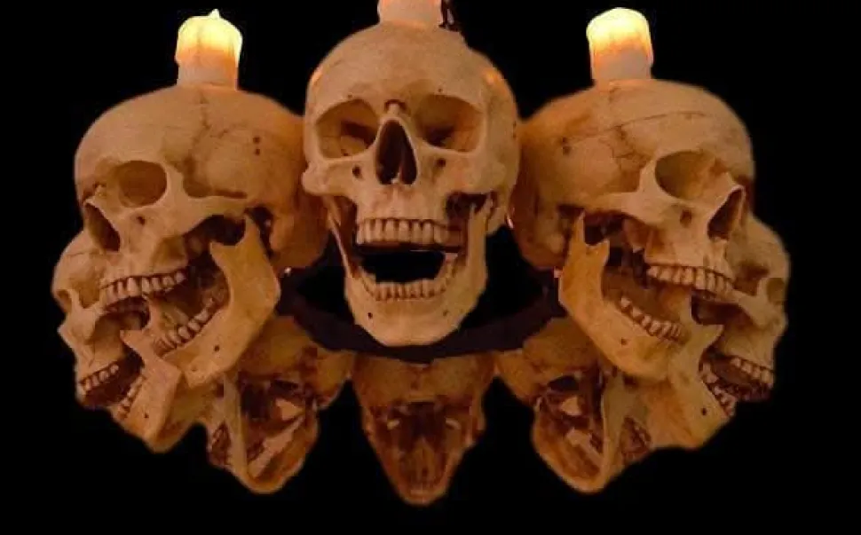 Skull Chandelier with 8 Skulls and Flameless Candles Haunted House Lighting