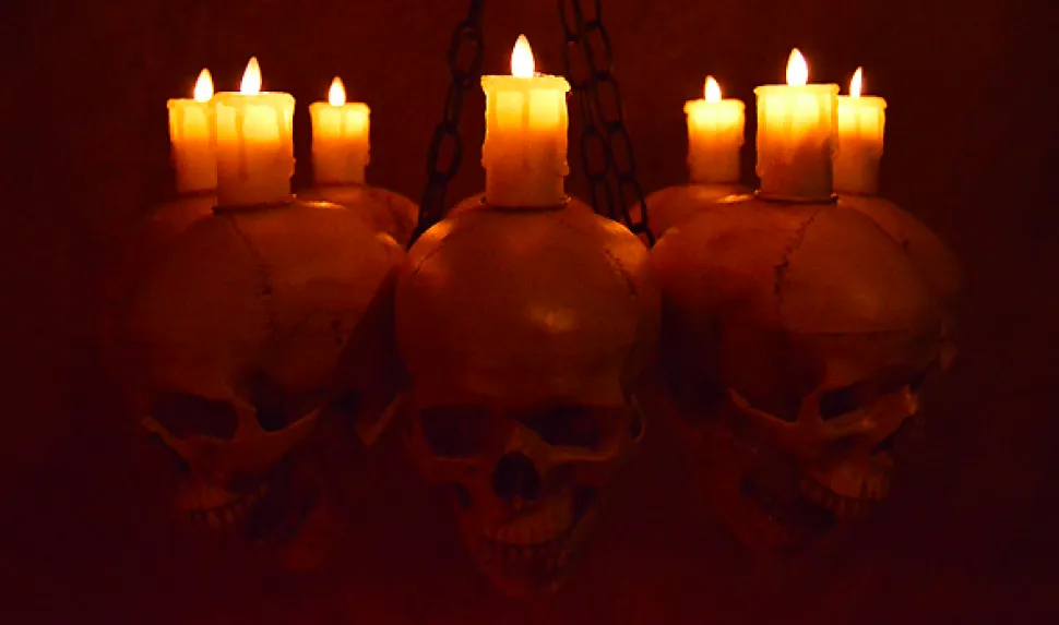 Skull Chandelier with 8 Skulls and Flameless Candles Haunted House Lighting