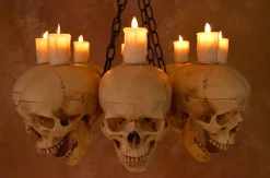 Skull Chandelier with 8 Skulls and Flameless Candles Haunted House Lighting