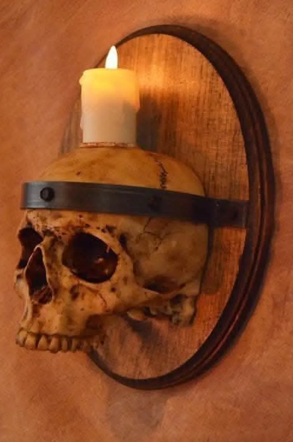 Skull Plaque Wood Sconce with Flameless Candle