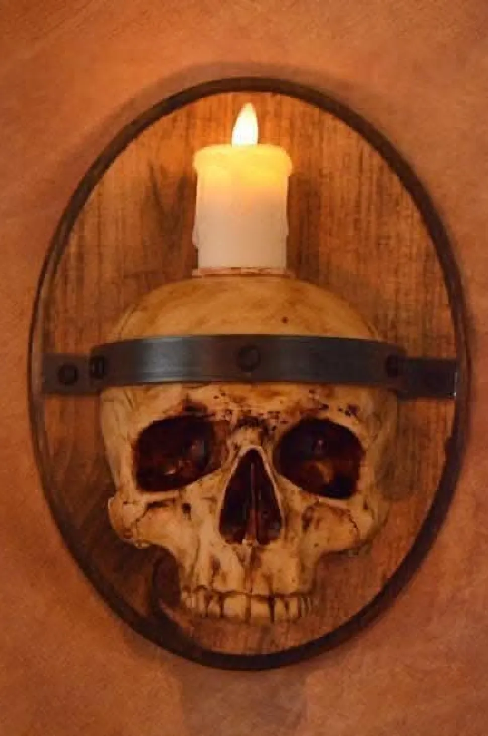 Skull Plaque Wood Sconce with Flameless Candle
